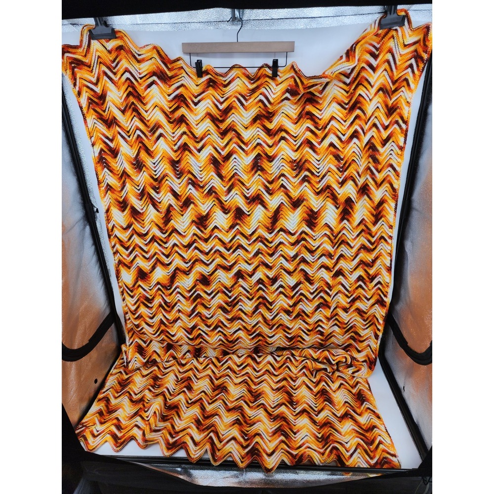 Vintage Handmade Crochet Afghan Blanket Chevron Zig‎ Zag Orange 44x84"